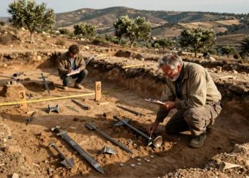 Arqueólogo excavando artefactos metálicos antiguos en un yacimiento de batalla en España bajo luz mediterránea