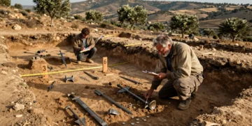 Arqueólogo excavando artefactos metálicos antiguos en un yacimiento de batalla en España bajo luz mediterránea