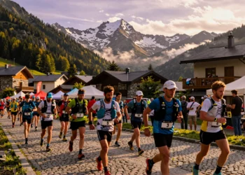 Corredores de trail running en las calles de un pueblo pirenaico al amanecer, con picos nevados al fondo, Val d'Aran UTMB
