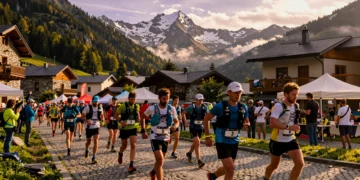 Corredores de trail running en las calles de un pueblo pirenaico al amanecer, con picos nevados al fondo, Val d'Aran UTMB