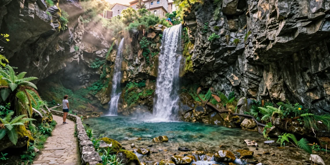 Cascada de doble salto en las gargantas del Pirineo aragonés con poza turquesa y senderista en primer plano