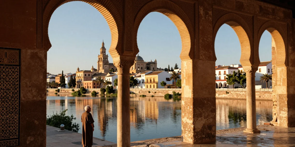 Murcia al atardecer: arcos árabes medievales, catedral barroca y río Segura reflejando doce siglos de historia