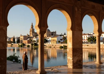 Murcia al atardecer: arcos árabes medievales, catedral barroca y río Segura reflejando doce siglos de historia