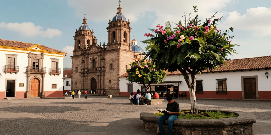 Parque Calderón en Cuenca, Ecuador, con las cúpulas azules de la Catedral Nueva y vida cotidiana local
