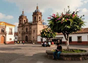 Parque Calderón en Cuenca, Ecuador, con las cúpulas azules de la Catedral Nueva y vida cotidiana local