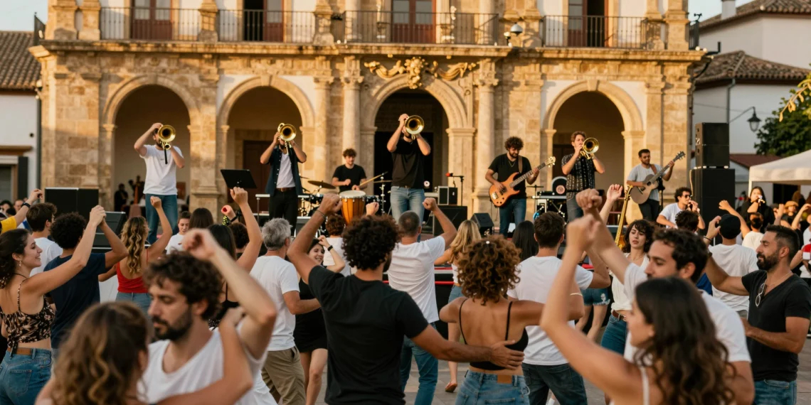 Concierto al aire libre de Papaya Dada en una plaza española al atardecer, con multitud bailando y músicos en el escenario