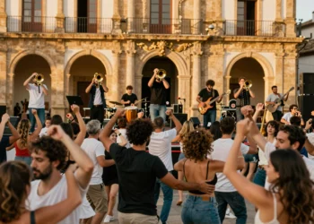 Concierto al aire libre de Papaya Dada en una plaza española al atardecer, con multitud bailando y músicos en el escenario