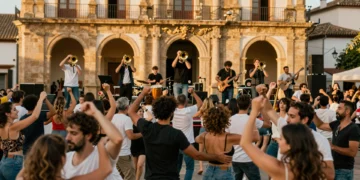 Concierto al aire libre de Papaya Dada en una plaza española al atardecer, con multitud bailando y músicos en el escenario