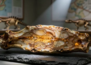 Sección de hueso fosilizado del Pérmico con anillos de crecimiento sobre pizarra en laboratorio de paleontología