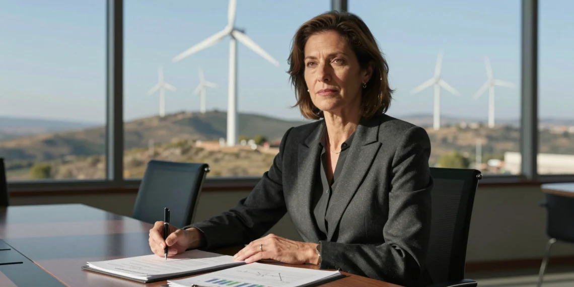 Rosa María García en sala de juntas con vistas a turbinas eólicas, revisando informes de energía limpia