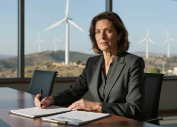 Rosa María García en sala de juntas con vistas a turbinas eólicas, revisando informes de energía limpia