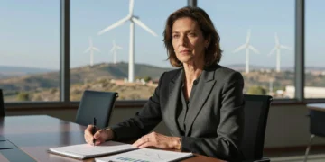 Rosa María García en sala de juntas con vistas a turbinas eólicas, revisando informes de energía limpia
