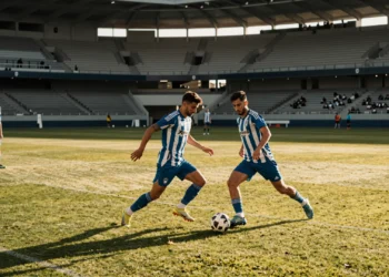 Entrenamiento pretemporada del Deportivo en estadio español con mediocampistas en acción y veterano delantero al fondo