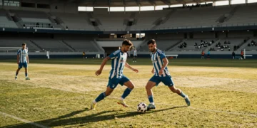 Entrenamiento pretemporada del Deportivo en estadio español con mediocampistas en acción y veterano delantero al fondo