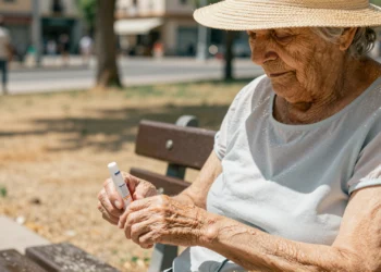 Anciana con piel envejecida sostiene protector solar en un parque bajo el sol extremo del verano en España
