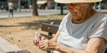 Anciana con piel envejecida sostiene protector solar en un parque bajo el sol extremo del verano en España