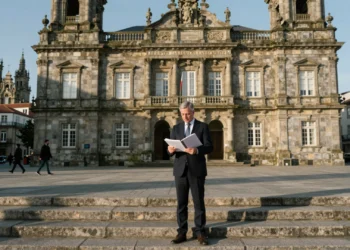 Funcionario de la Xunta revisa presupuesto frente a la sede del gobierno gallego en Santiago de Compostela