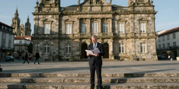 Funcionario de la Xunta revisa presupuesto frente a la sede del gobierno gallego en Santiago de Compostela