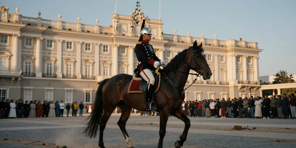 Soldado de caballería española en uniforme de gala a caballo en Madrid, con doble exposición de paisaje afgano