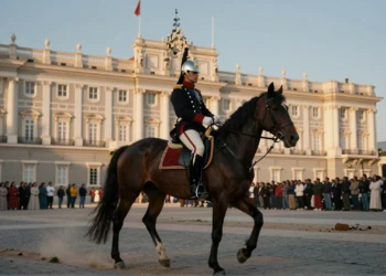 Soldado de caballería española en uniforme de gala a caballo en Madrid, con doble exposición de paisaje afgano