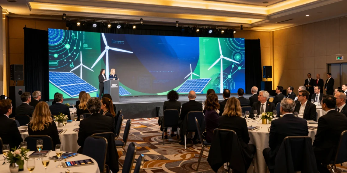 Ceremonia de gala de La Noche de la Energía en Madrid con profesionales del sector energético en un salón iluminado