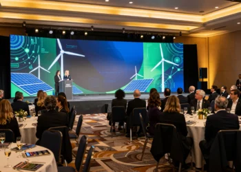 Ceremonia de gala de La Noche de la Energía en Madrid con profesionales del sector energético en un salón iluminado