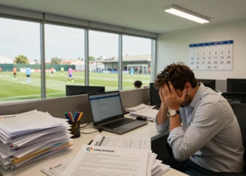 Directivo de club español agobiado entre contratos y formularios de inscripción con el campo de entrenamiento al fondo