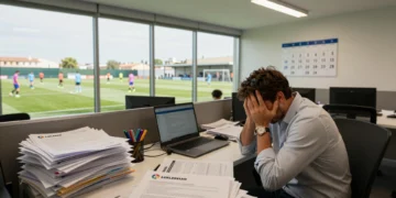Directivo de club español agobiado entre contratos y formularios de inscripción con el campo de entrenamiento al fondo