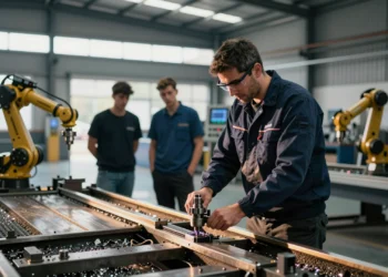 Operario del metal valenciano trabajando en una fresadora CNC en taller industrial moderno, con aprendices al fondo