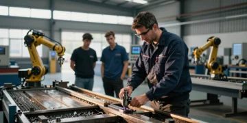 Operario del metal valenciano trabajando en una fresadora CNC en taller industrial moderno, con aprendices al fondo