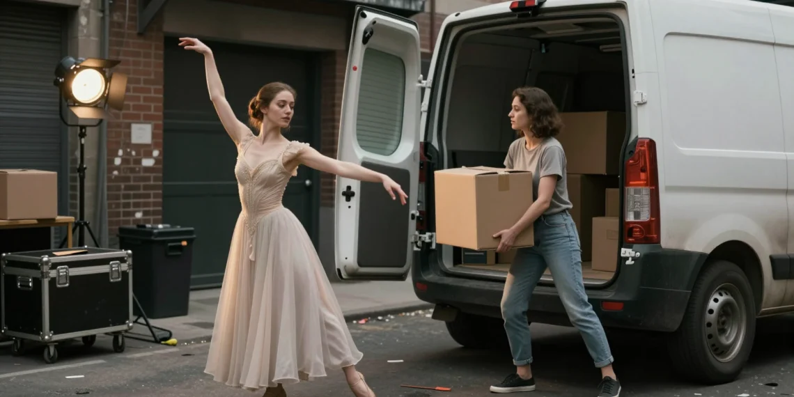 Soprano con vestido de ópera y la misma mujer en ropa de trabajo cargando cajas en una furgoneta, en callejón teatral