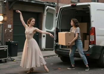 Soprano con vestido de ópera y la misma mujer en ropa de trabajo cargando cajas en una furgoneta, en callejón teatral
