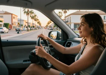 Conductora joven al volante de un coche automático en ciudad española, con selector en posición D y sin pedal de embrague