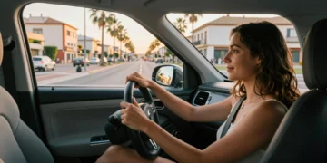 Conductora joven al volante de un coche automático en ciudad española, con selector en posición D y sin pedal de embrague