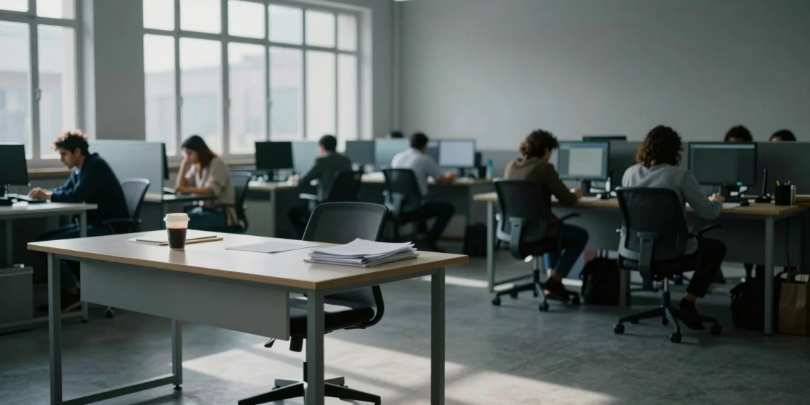 Escritorio vacío en oficina española con colegas trabajando al fondo, simbolizando el absentismo laboral récord en España