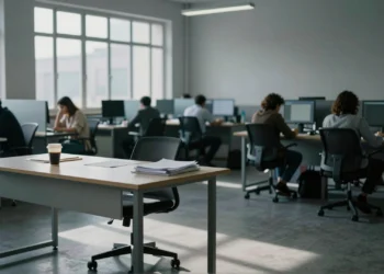 Escritorio vacío en oficina española con colegas trabajando al fondo, simbolizando el absentismo laboral récord en España
