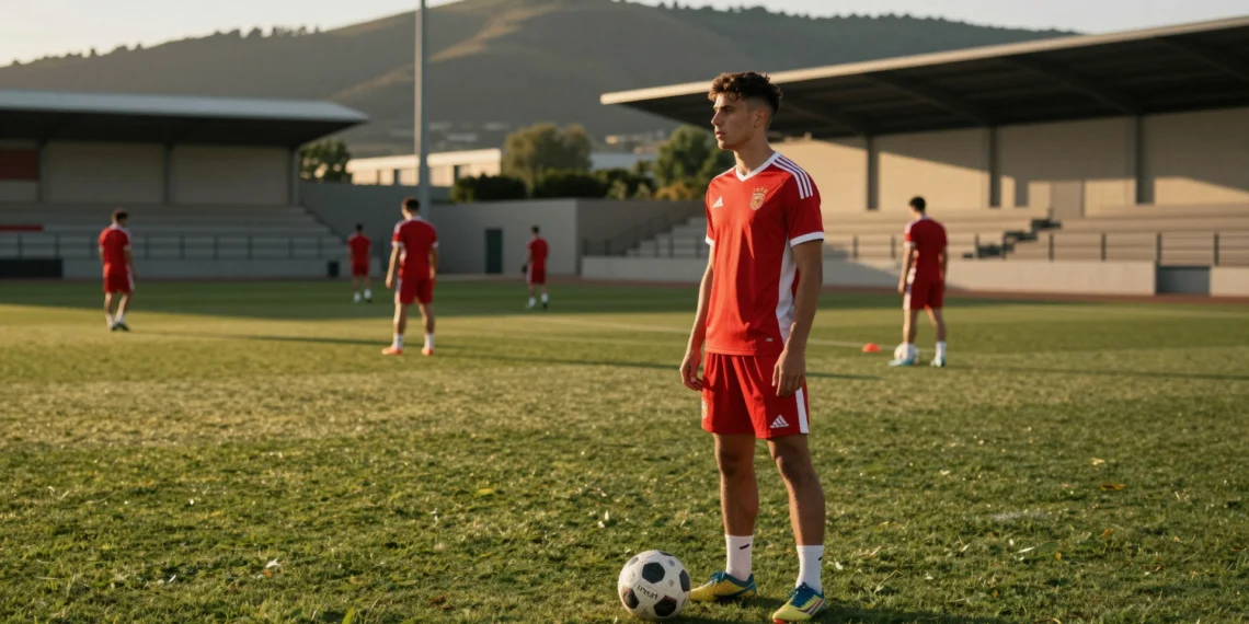 Delantero joven en equipación roja y blanca en un campo de entrenamiento del norte de España bajo la luz dorada del atardecer