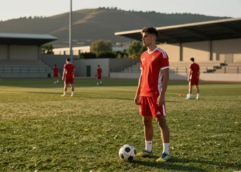 Delantero joven en equipación roja y blanca en un campo de entrenamiento del norte de España bajo la luz dorada del atardecer