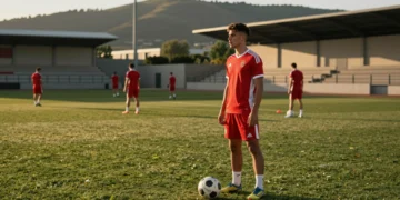 Delantero joven en equipación roja y blanca en un campo de entrenamiento del norte de España bajo la luz dorada del atardecer