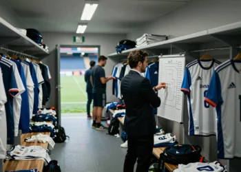 Directivo del Deportivo estudia pizarra táctica en pasillo de vestuario abarrotado de camisetas numeradas en estadio español