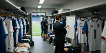 Directivo del Deportivo estudia pizarra táctica en pasillo de vestuario abarrotado de camisetas numeradas en estadio español