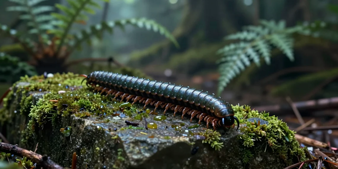 Milpiés sobre roca con musgo en bosque primordial, evocando los primeros animales terrestres hace 460 millones de años