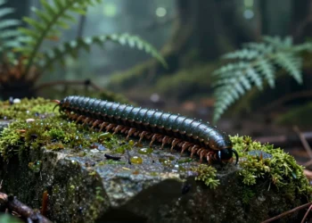 Milpiés sobre roca con musgo en bosque primordial, evocando los primeros animales terrestres hace 460 millones de años
