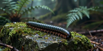 Milpiés sobre roca con musgo en bosque primordial, evocando los primeros animales terrestres hace 460 millones de años
