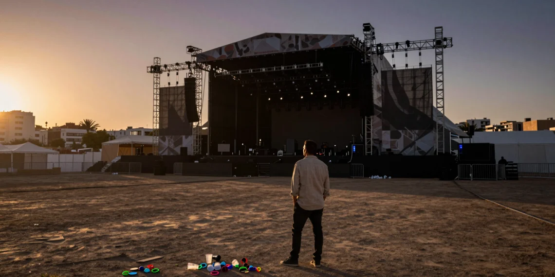 Promotor de espaldas observa un escenario vacío al atardecer en Valencia, entre restos de un festival de música cancelado
