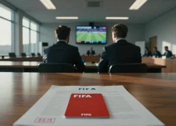 Sala de audiencia disciplinaria de la FIFA con tarjeta roja sobre mesa y documentos oficiales sellados