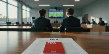 Sala de audiencia disciplinaria de la FIFA con tarjeta roja sobre mesa y documentos oficiales sellados