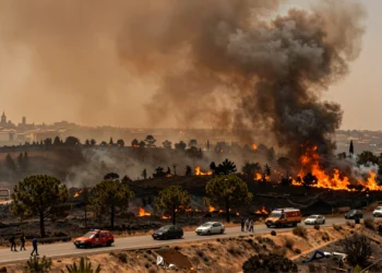 Evacuación masiva en carretera castellana con columnas de humo naranja de incendios forestales en Madrid, Ávila y Toledo