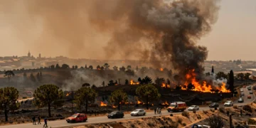 Evacuación masiva en carretera castellana con columnas de humo naranja de incendios forestales en Madrid, Ávila y Toledo
