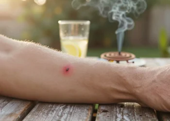 Picadura de insecto en antebrazo humano bronceado, con enrojecimiento e inflamación, sobre mesa de madera en jardín de verano